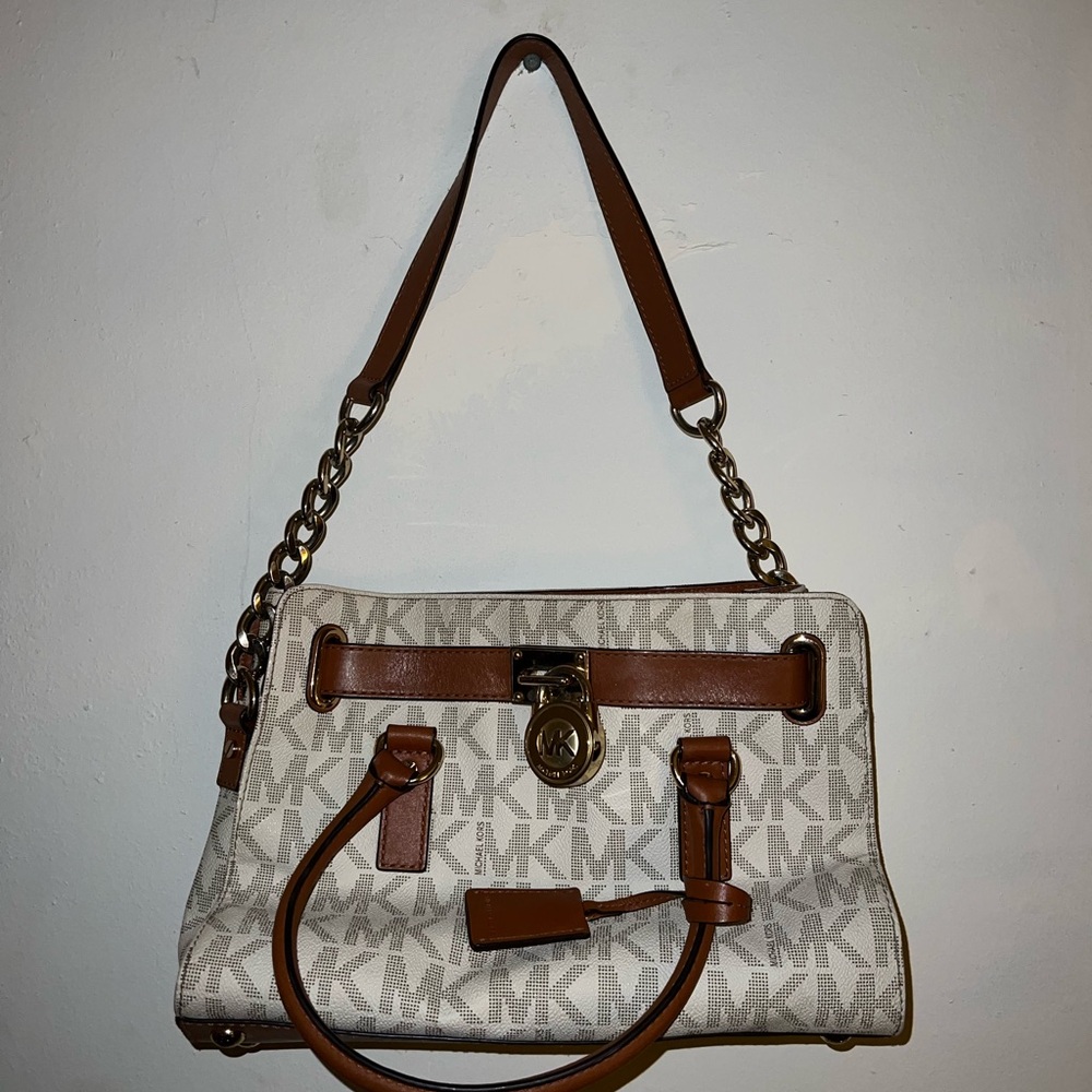 Michael Kors White and Brown Shoulder Bag with Chain Strap